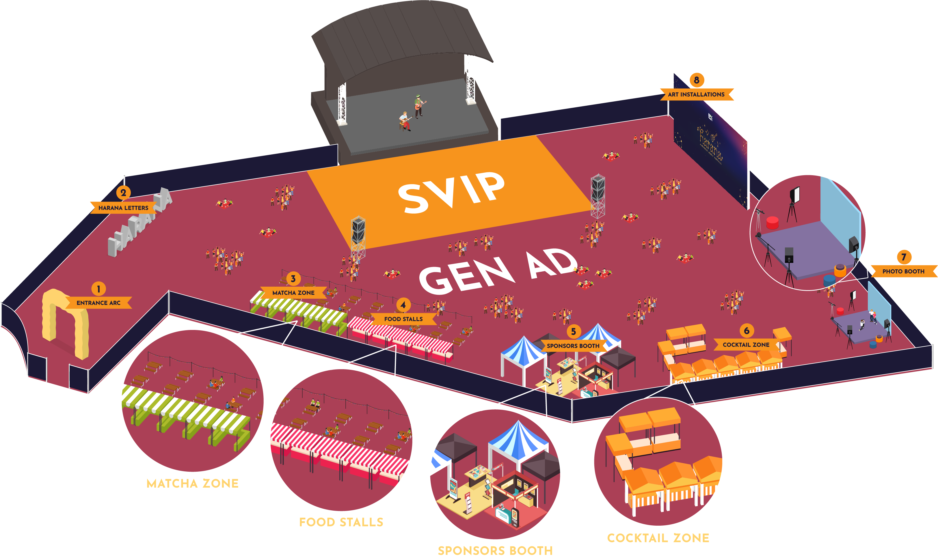 Harana Music Fest venue map showing SVIP and Gen Ad sections, entrance arc, Harana letters, matcha zone, food stalls, sponsors booth, cocktail zone, photo booth, and art installations.